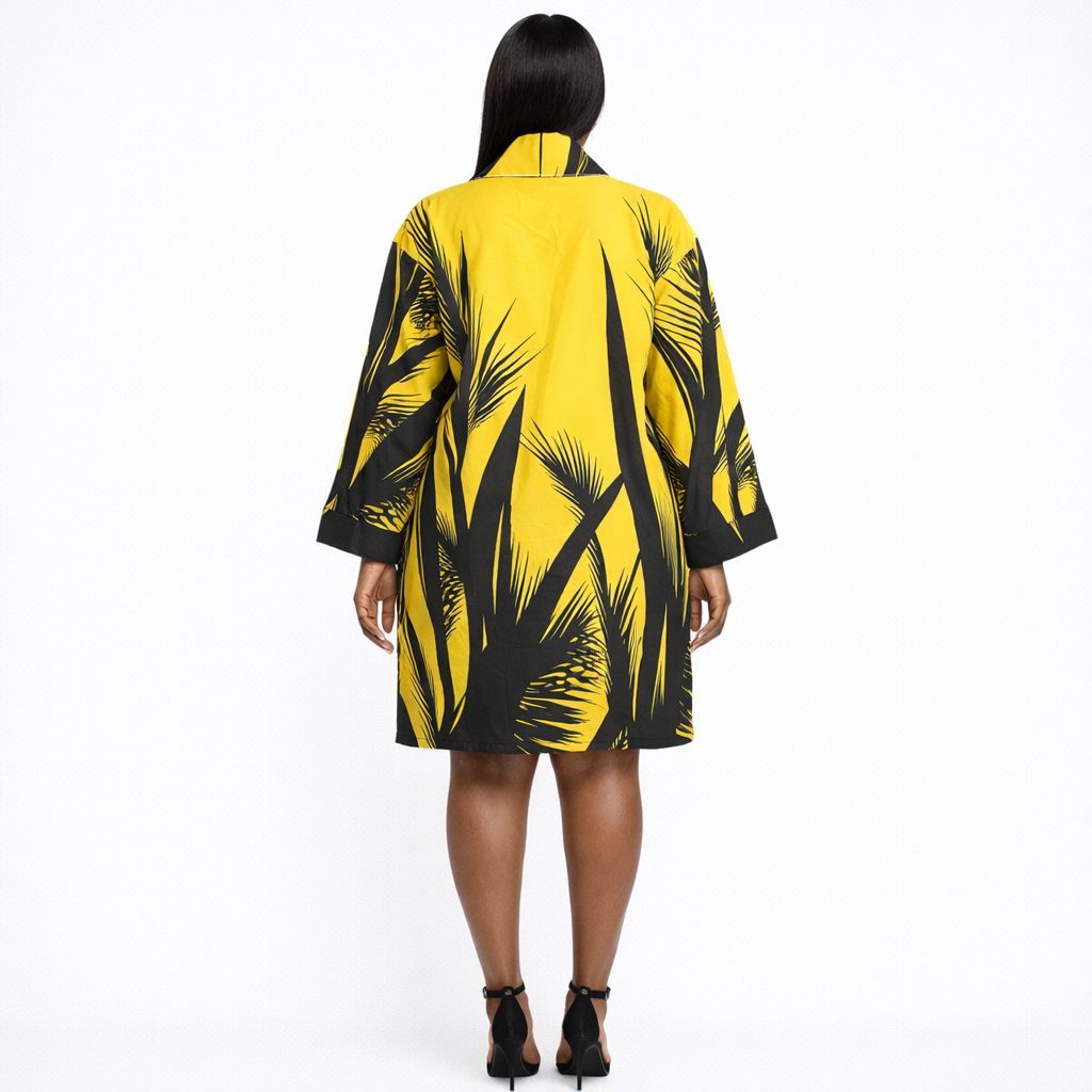 Yellow and Black Printed Loose Fit Kimono Top